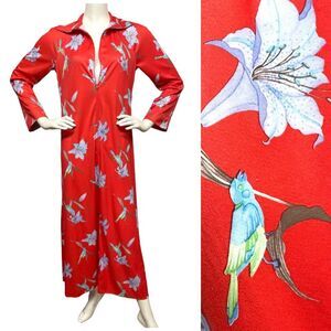 VINTAGE 70s Handmade Bird & Flower Floral Print Zip Front Caftan Maxi Dress M